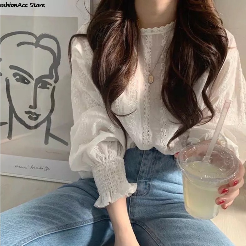 Embroidery floral blouse white lantern sleeve womens vintage style